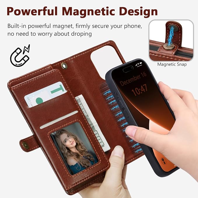 Wallet Case for iPhone 15 Pro with Card Holder/Crossbody Wallet/Strap| RFID Blocking | Magnetic | Kickstand | Detachable | PU Leather Phone Case for iPhone 15 Pro,6.1 in,Brown