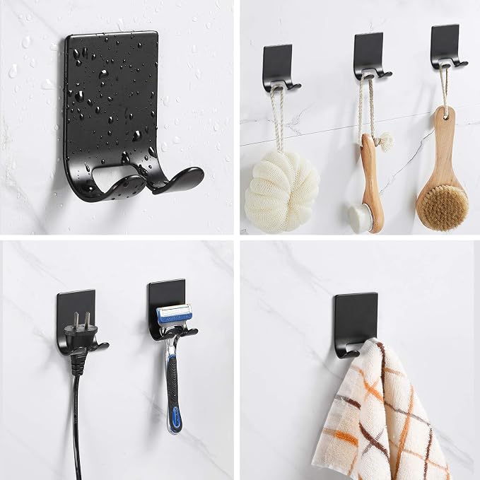 Razor Holder Shaver Hook Hanger Stand Caddy (2 Pack) Self Adhesive Stick on Hook Heavy Duty Stainless Steel Phone Holder for Shower, Tools for Hanging Washcloth Towel Loofah for Bathtub Wall, Black