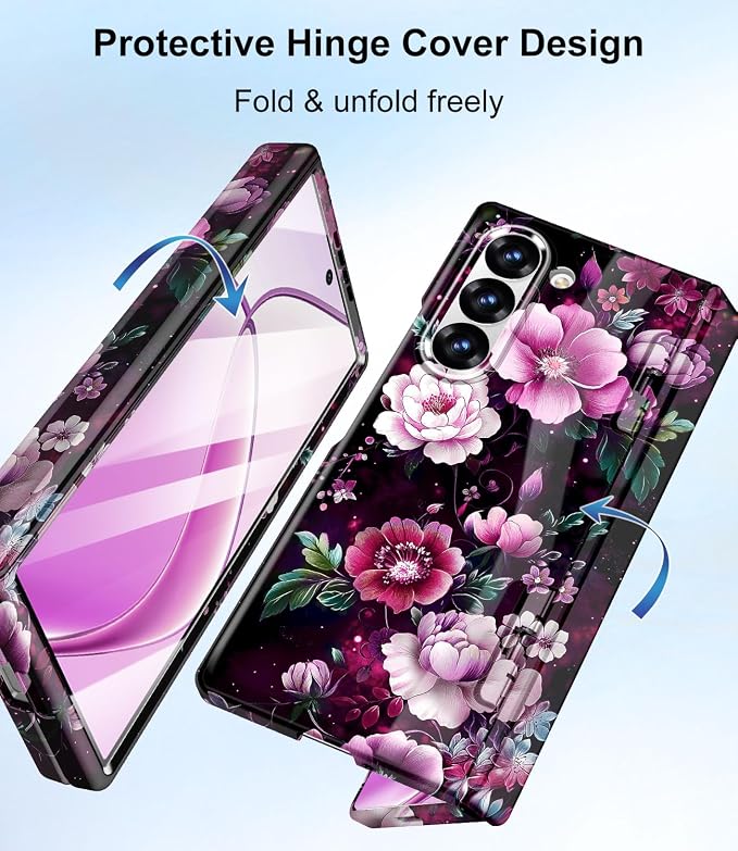 Btscase for Samsung Galaxy Z Fold 6 Case,Built in Front Screen Protector,Gold Glitter Marble Pattern Hard PC Slim Shockproof Full Body Drop Protective Case for Galaxy Z Fold 6 5G, Purple Red