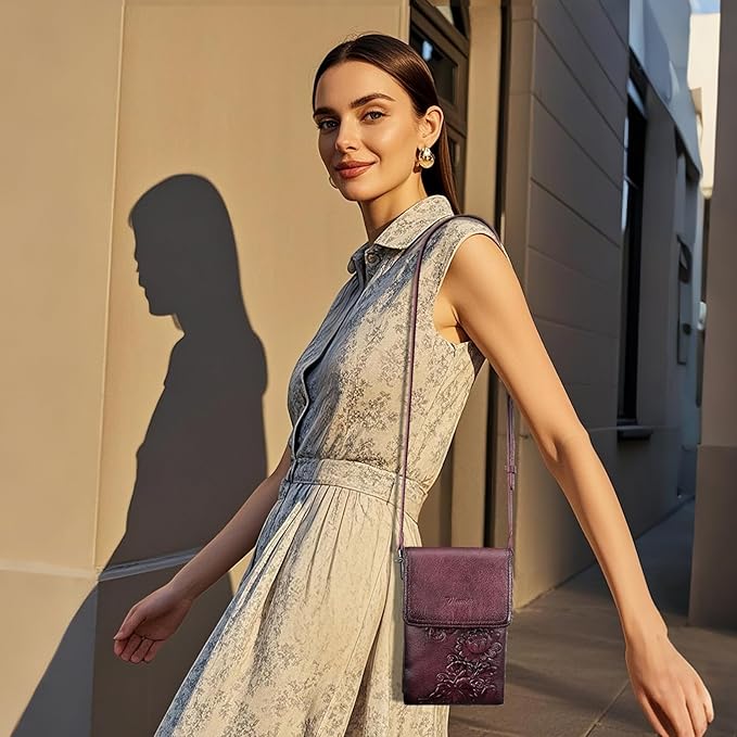 Small Crossbody Bags for Women Trendy Vegan Leather Cell Phone Bag Embossed Flower Design Wallet Purses with Strap