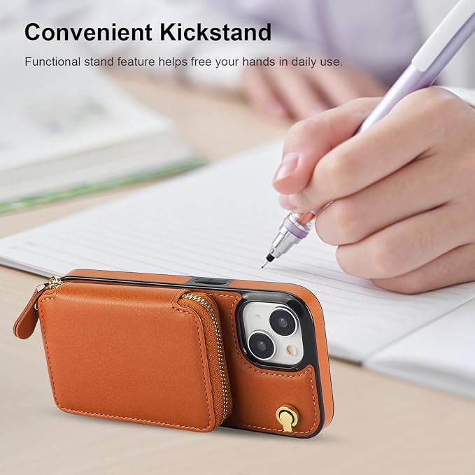 Bocasal Crossbody Wallet Case for iPhone 15, RFID Blocking Leather Purse Case with Card Holder, Protective Handbag Flip Cover with Zipper Wrist Strap Lanyard for Women 5G 6.1 Inch (Brown)