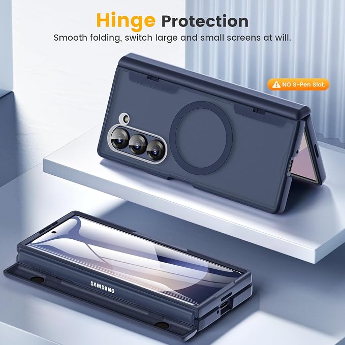 Caka Magnetic for Samsung Galaxy Z Fold 6 Case with Hinge Protection Blue | Compatible with MagSafe, Built-in Outer Screen Protector, Hinge Guard, Translucent Matte Back, 360° Hybrid Drop Defense