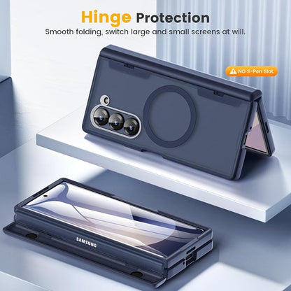 Caka Magnetic for Samsung Galaxy Z Fold 5 Case with Hinge Protection Blue | Compatible with MagSafe, Built-in Outer Screen Protector, Hinge Guard, Translucent Matte Back, 360° Hybrid Drop Defense
