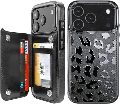uCOLOR for iPhone 17 Pro Wallet Case with Card Holder PU Leather RFID Blocking Design iPhone 17 Pro flip case for Women Men Magnetic Clasp Kickstand Design 6.3 inch (Black Leopard)