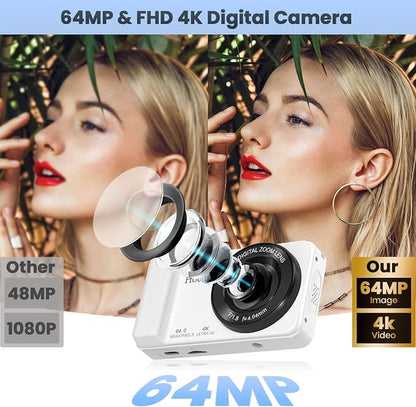 64MP 4K Digital Camera, Hoestr 18X Zoom Autofocus Point and Shoot Compact Camera with 64GB TF Card, Flash, 2.8" LCD Screen for Teens Adult Beginner Travel Photography Vlogging（White）