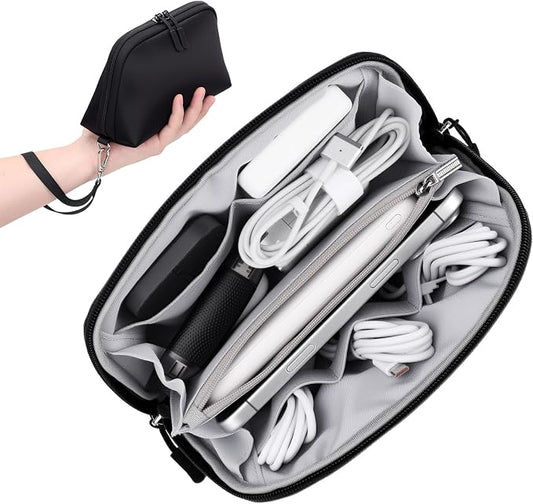FYY Travel Cable Organizer - 8 Compartments, Lightweight, Water Repellent | With Wrist Strap, Portable Tech Pouch for Cord Charger, Travel and Business Trips Use, Soft Shell Nylon, Black (Small)