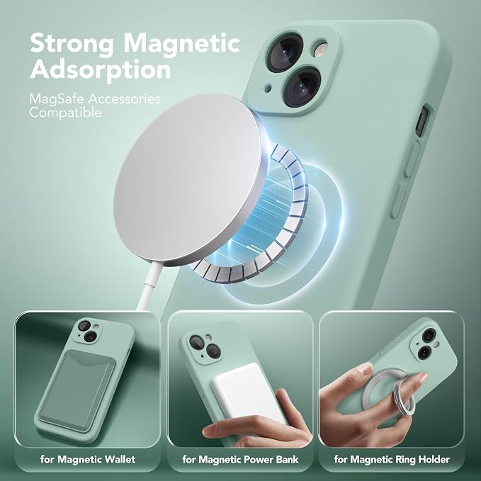 Magnetic for iPhone 15 Case, Compatible with MagSafe, [Screen Protector + Full Camera Protection], Silicone Shockproof Anti-Scratch Protective Phone Case for iPhone 15 6.1", Mint