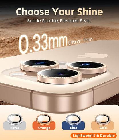 PandaShield 2-Pack Anti-Reflection Camera Lens Protector for iPhone 17/16/15 Pro & Pro Max, Easy Installation,9H Hardness,98% Ultra Clarity,Maintains Original Lens Design- Glitter Desert Titanium