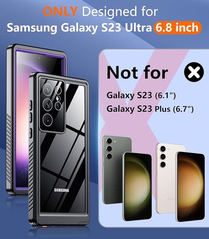 Temdan for Samsung Galaxy S23 Ultra Case,Waterproof Built-in Lens & Screen Protector[Full Body Shockproof][12 FT Military Drop Proof][Dustproof][IP68 Underwater] Case for S23 Ultra 5G 6.8”-Purple