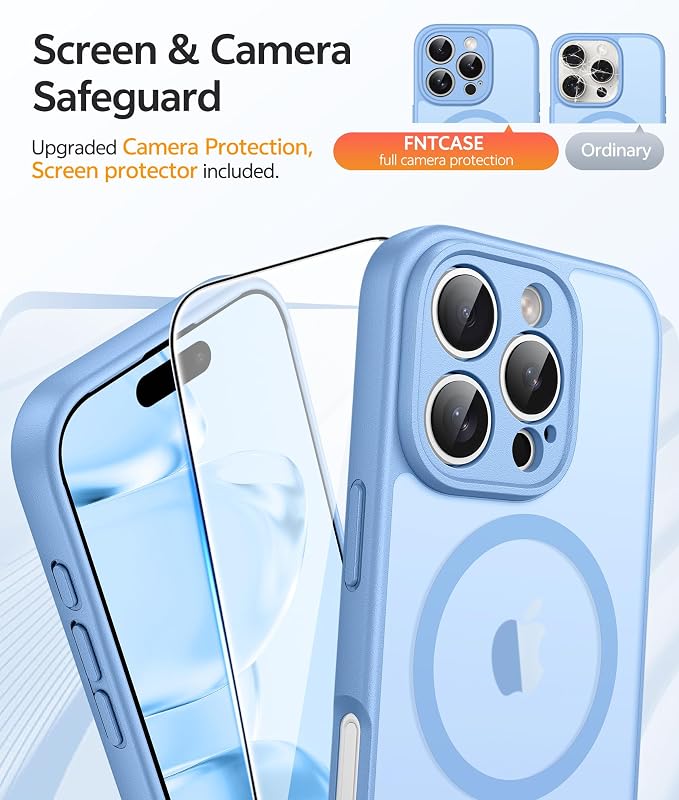 FNTCASE for iPhone 16 Pro Case: [Compatible with Magsafe] Translucent Matte Cases with [Full Camera Protection] [Screen Protector] Military Grade Shockproof Protective Phone Cover - Light Blue