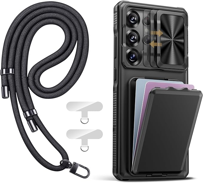 SSLOTSCASE for Samsung Galaxy S25 Ultra Case with with Phone Lanyard Crossbody (2X Tabs) Card Holder & Kickstand & Slide Camera Lens Cover, Heavy Duty Phone Case Cover for Galaxy S25 Ultra 2025, Black