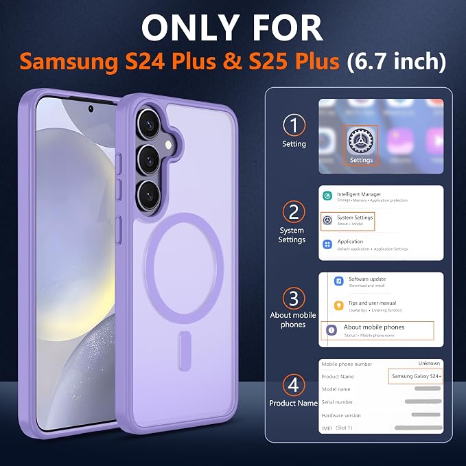 For Samsung Galaxy S24 Plus Case & S25 Plus Case [Compatible with Magsafe] Translucent Matte Magnetic,Slim Thin Duty Shockproof with 2pc Screen Protector Protection Case for S24 Plus/S25 Plus-purple