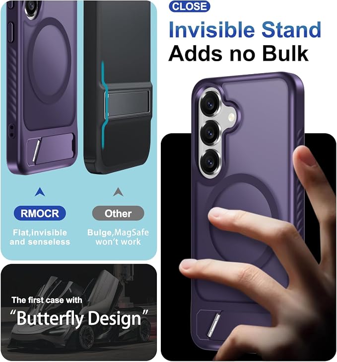 RMOCR for Samsung Galaxy S25 Case with Screen Protector+Lanyard Wrist Strap,Magnetic Translucent Matte Rugged Slim Phone Cover Built in Invisible Kickstand [Fit for MagSafe],2025 Purple