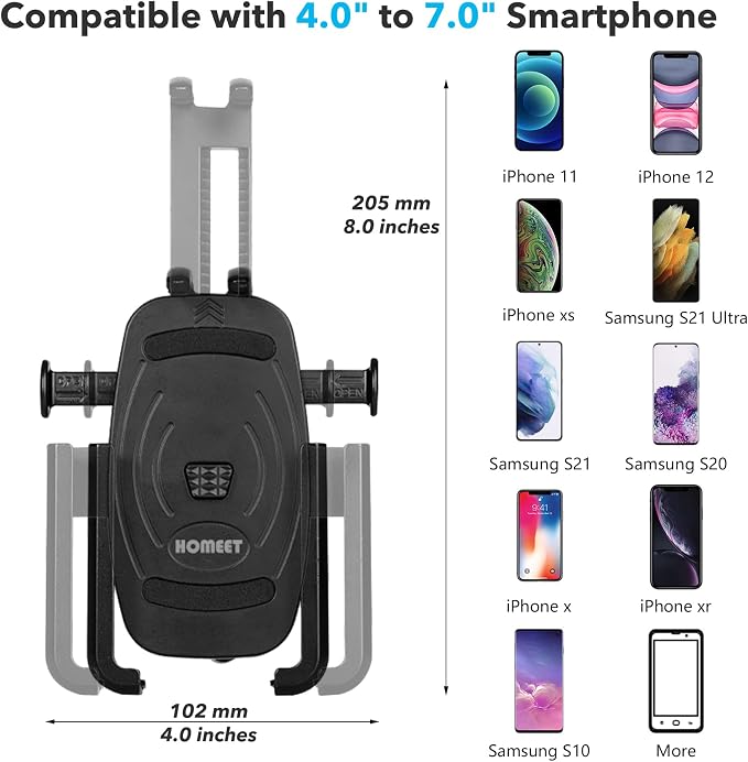 Motorcycle Phone Mount, Aluminum Alloy Scooter Cellphone Holder Moped Rearview Mirror Smartphone Universal Mount for 4.0''-7.0'' Smart Devices, 10mm Diameter, 360° Rotation, Quick Release