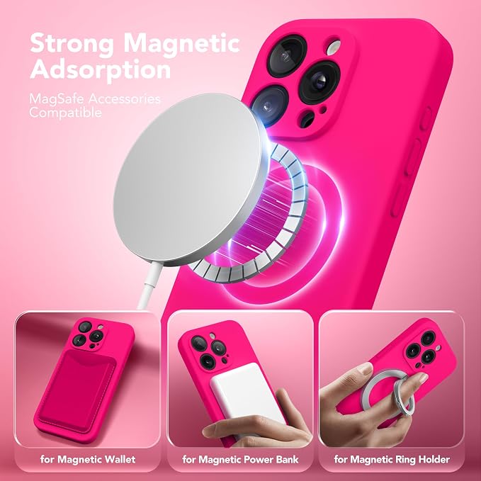 Magnetic for iPhone 14 Pro Max Case, Compatible with MagSafe, [Full Camera Protection][Screen Protector] Silicone Shockproof Protective Phone Case for iPhone 14 Pro Max 6.7", Hot Pink