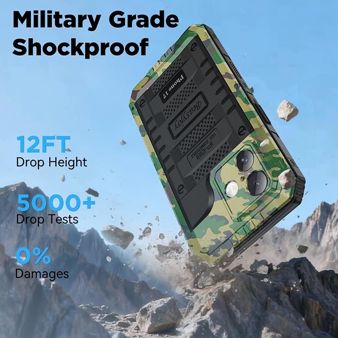 Beasyjoy for iPhone 17 Case Waterproof, Heavy Duty Metal Full Body Protection, Built-in Screen Protector, Military Grade Shockproof Dustproof Rugged Cover for iPhone 17 6.3 inch, Camo
