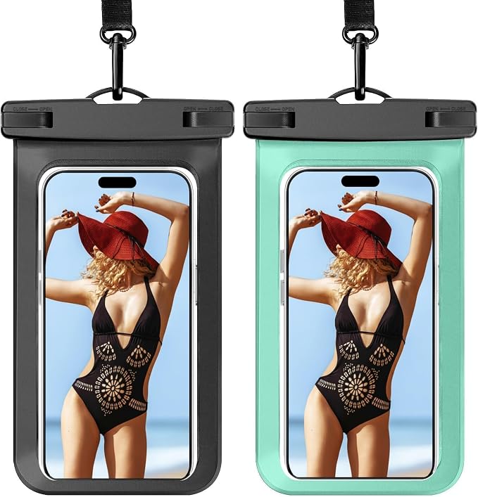 2 Pack Waterproof Phone Pouch, Waterproof Beach Bag Compatible for iPhone 17 16 15 14 13 12 Pro Max, IPX8 Cellphone Travel Essentials for Beach, Black & Green - 7"