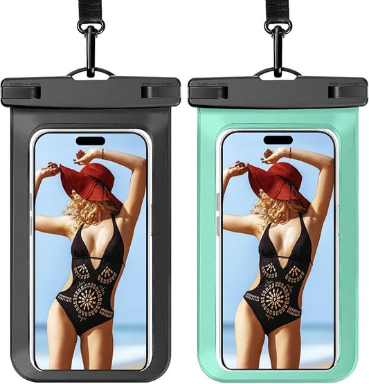 2 Pack Waterproof Phone Pouch, Waterproof Beach Bag Compatible for iPhone 17 16 15 14 13 12 Pro Max, IPX8 Cellphone Travel Essentials for Beach, Black & Green - 7"