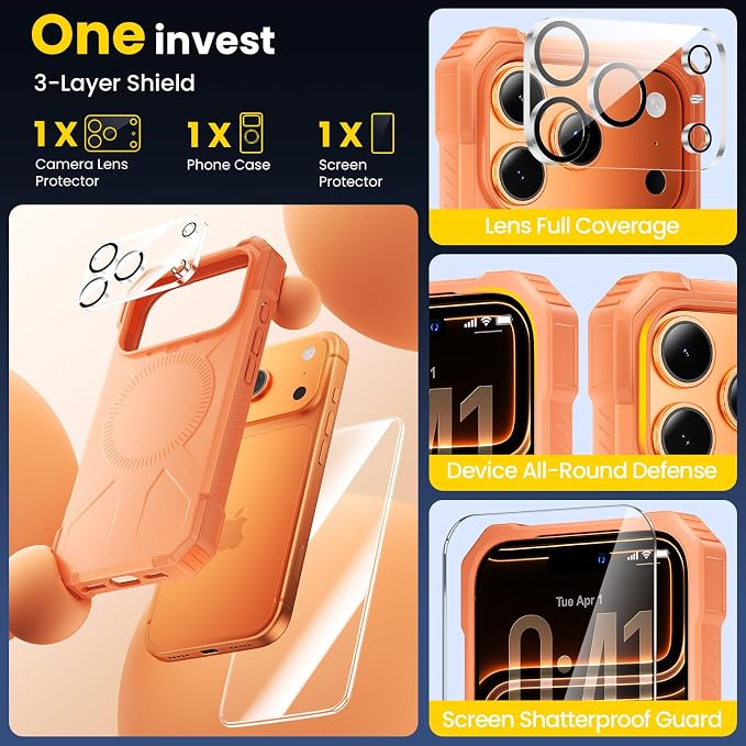 3 in1 for iPhone 17 Pro Max Case,[1 Screen Protector & 1 Camera Lens Protector ],7X Military-Grade Drop Protection ,Fits MagSafe ,Tough, Rugged & Durable for Heavy Duty iPhone 17 Pro Max Case, Orange