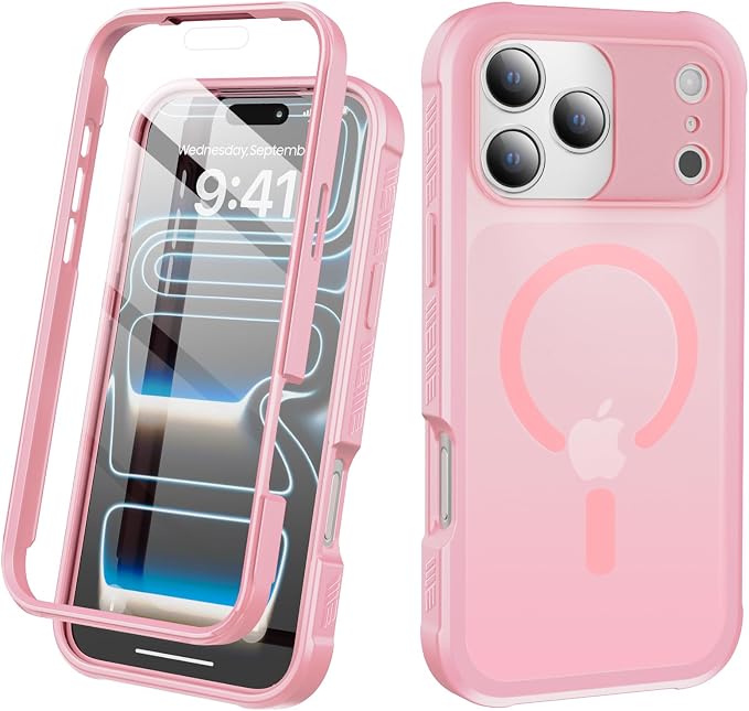 Compatible with iPhone 17 Pro Max Case Pink, Built-in Screen Protector, [Compatible with MagSafe] Full Body Rugged Phone Case, Shockproof Protective Magnetic Cover for 17 ProMax 6.9" (Pink)
