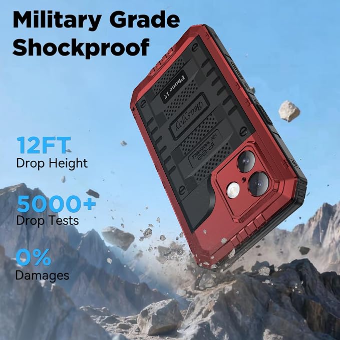 Beasyjoy for iPhone 17 Case Waterproof, Heavy Duty Metal Full Body Protection, Built-in Screen Protector, Military Grade Shockproof Dustproof Rugged Cover for iPhone 17 6.3 inch, Red