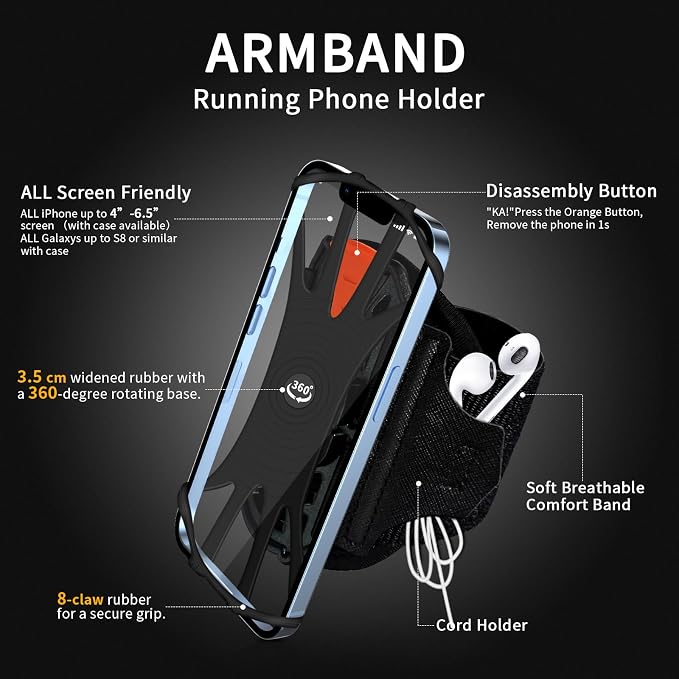 Wristband Phone Holder for Running,Phone Wrist Strap 360° Rotation & Detachable - Compatible with iPhone 16/15/13/XR, for Samsung and More - Fits 4''-6.5'' Phones - for Walking(S)