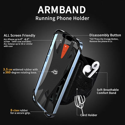 Armband Phone Holder 360° Rotation & Detachable, Compatible with iPhone 15/14/13/12/Pro/Pro ect., for Samsung, and More Fits 4''-6.5'' Phones Ideal for Walking Running
