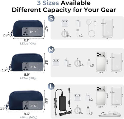 FYY Travel Cable Organizer - 8 Compartments, Lightweight, Water Repellent | With Wrist Strap, Portable Tech Pouch for Cord Charger, Travel and Business Trips Use, Soft Shell Nylon, Navy (Medium)