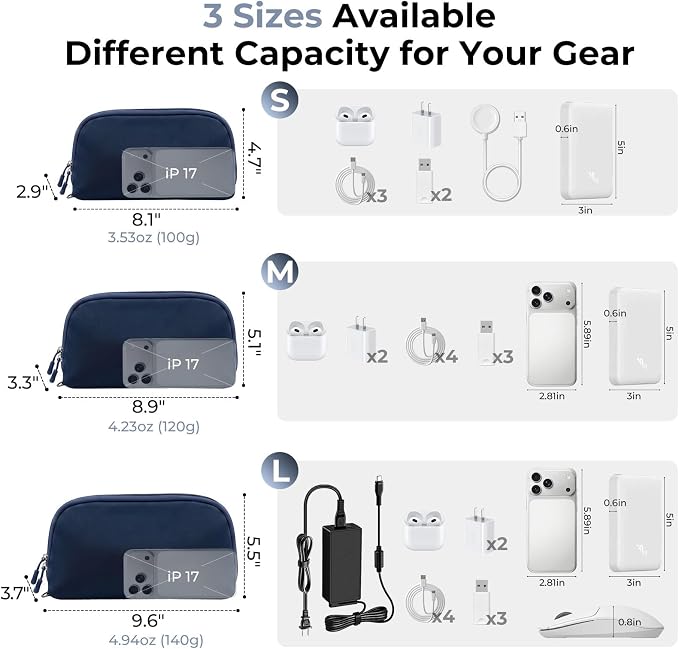 FYY Travel Cable Organizer - 8 Compartments, Lightweight, Water Repellent | With Wrist Strap, Portable Tech Pouch for Cord Charger, Travel and Business Trips Use, Soft Shell Nylon, Navy (Large)