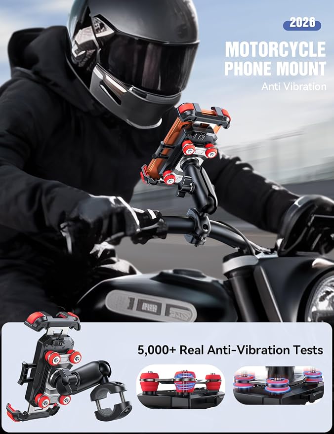 JOYROOM Motorcycle Phone Mount Holder - [Dual Vibration Dampener] [Metal Adjustment Arm] Motorcycle Cell Phone Holder Mount, Bike Bicycle Handlebar Phone Mount for All 4.7''-7'' Cell Phones, Red