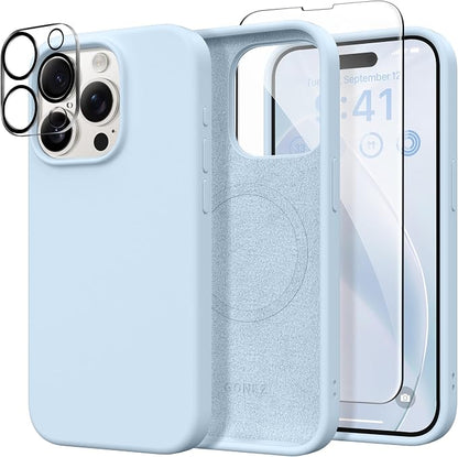 GONEZ Magnetic for iPhone 15 Pro Case, Compatible with MagSafe, [Screen Protector + Camera Lens Protector], Silicone Shockproof Anti-Scratch Protective Phone Case 6.1 inch, Blue