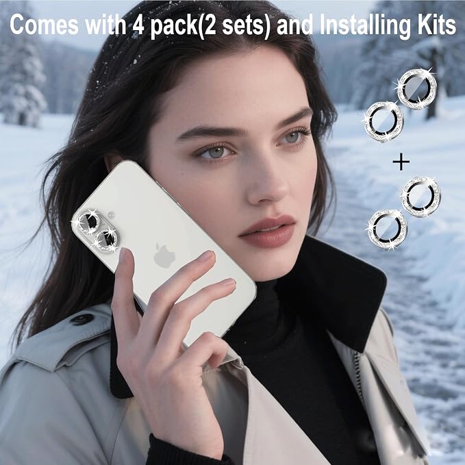 Compatible for iPhone 14/iPhone 14 Plus Camera Lens Protector Bling, Cute Sparkle Glitter Luxury Camera Cover for Women, Anti-Scratch, Easy Install, (2 Sets=4Pack), Silver