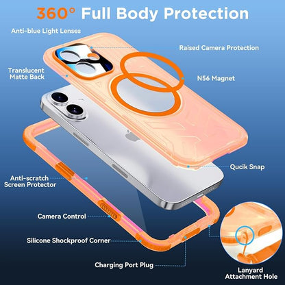 WIFORT for iPhone 17 Waterproof Case, [Fit for Magsafe] with Sapphire Lens & Screen Protector, IP68 Full Body 15FT Military Shockproof, Magnetic Frosted Phone Cover with Lanyard, 6.3" Orange