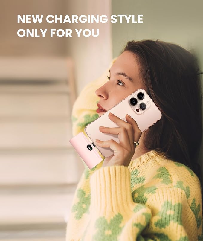 Pink Small Portable Charger for Lightning Builtin Metal Stand Lightweight Power Bank 5000mah With Digital Display Mini External Battery Pack for iPhone 14/13/13pro/13pro max/12/11/XR/6/6s/iPad/SE