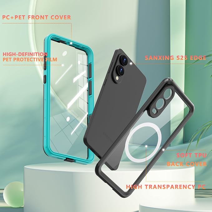Omio Designed for Galaxy S25 Edge Waterproof Case Compatible with MagSafe Magnetic Waterproof Full Body IP68 Underwater Case Built-in Screen Protector Military Grade Shockproof Case for Men Women Teal