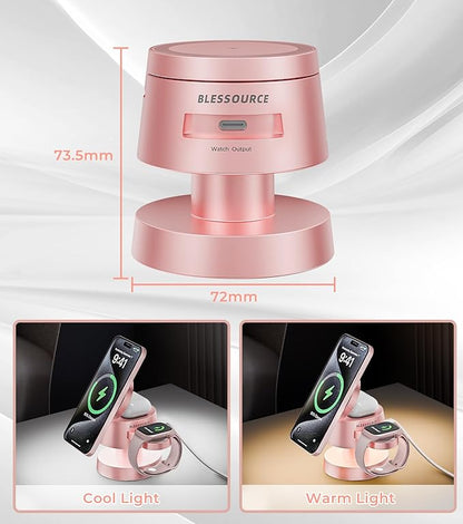4-in-1 Magnetic Wireless Charging Station for iPhone 17/16/15/14 Pro Max, with Night Lamp and 20W Adapter Wireless Charging Station Fast Charging for Apple Watch, Earphones & Multiple Devices