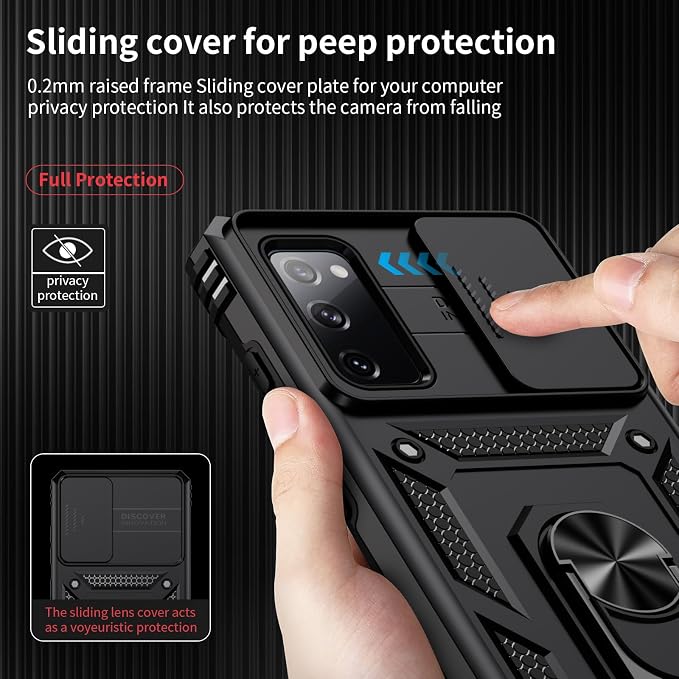 Weycolor for Samsung Galaxy S20 FE 5G Case with Camera Lens Cover, HD Screen Protector, 10 FT Military Grade Drop Protection, Magnetic Ring Holder Kickstand Protective Phone Case, Black