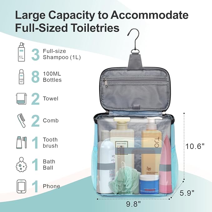 F-color Shower Caddy Portable for College Dorm Essentials - Large Hanging Sturdy Handle Toiletry Tote Bag with Hook, Multiple Pockets, Quick Dry Organizer for Camping, Travel, Gym, Light Blue