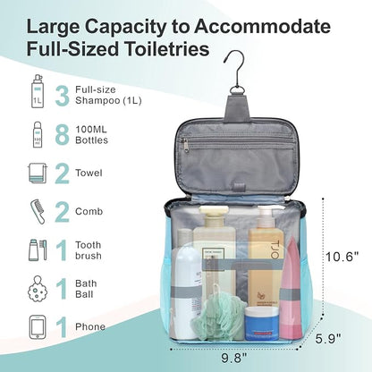 F-color Shower Caddy Portable for College Dorm Essentials - Large Hanging Sturdy Handle Toiletry Tote Bag with Hook, Multiple Pockets, Quick Dry Organizer for Camping, Travel, Gym, Light Blue