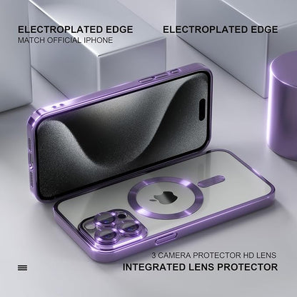 Misea Magnetic for iPhone 15 Pro Max Case with MagSafe [Never Yellowing] [Military Grade Drop Protection] Full Camera Lens Protector Plating Soft Clear Phone Case for Women Girls, Purple