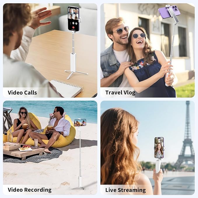 yAyusi Extendable Mini Selfie Stick Tripod with Remote, Pocket Size Portable Tripod for iPhone, Small Compact Phone Selfie Stick Tripods Mount for Travel/Vlog/Video Recording/Live Streaming (White)