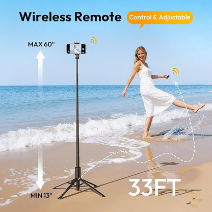 ULANZI MT86 60" Automatic Phone Tripod Stand with Bluetooth Remote, Adjustable Auto‑Open Selfie Stick for iPhone Android, Portable Extendable Travel Tripod for Selfie/Vlogging, Black
