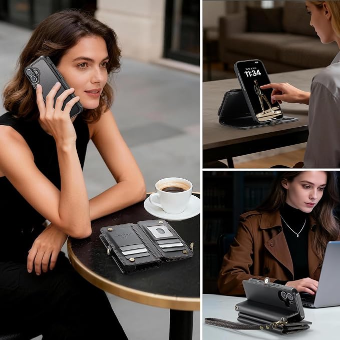 Strapurs for iPhone 17 Detachable Wallet Case Compatible with Magsafe for Women, RFID Blocking 9-Card Holder Zipper Wrist Strap Lanyard PU Leather Magnetic Phone Case for iPhone 17 6.3", Black