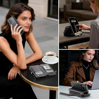 Strapurs for iPhone 17 Detachable Wallet Case Compatible with Magsafe for Women, RFID Blocking 9-Card Holder Zipper Wrist Strap Lanyard PU Leather Magnetic Phone Case for iPhone 17 6.3", Black