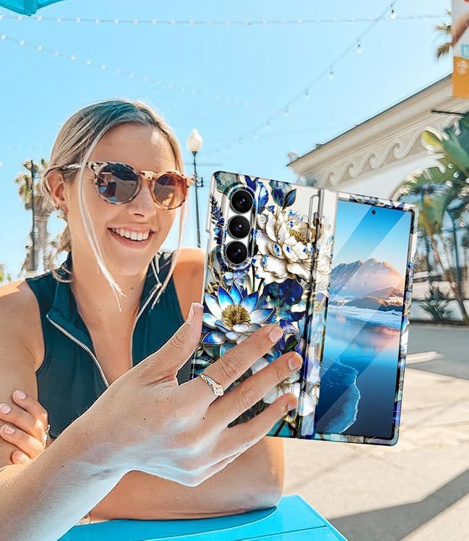 Btscase for Samsung Galaxy Z Fold 7 Case,Built in Front Screen Protector,Gold Glitter Marble Pattern Hard PC Slim Shockproof Full Body Drop Protective Case for Galaxy Z Fold 7 5G, Blue Floral