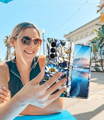Btscase for Samsung Galaxy Z Fold 7 Case,Built in Front Screen Protector,Gold Glitter Marble Pattern Hard PC Slim Shockproof Full Body Drop Protective Case for Galaxy Z Fold 7 5G, Blue Floral
