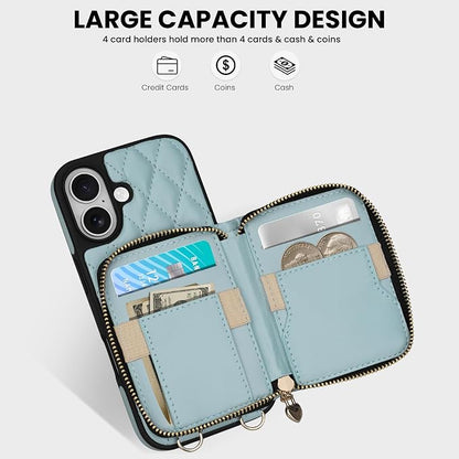 Keallce Case for iPhone 17 6.3'' Wallet Case, Crossbody Zipper Purse with Wrist Strap Lanyard Handbag, RFID Blocking Card Holders, Kickstand Flip Leather Cover for iPhone 17, Blue