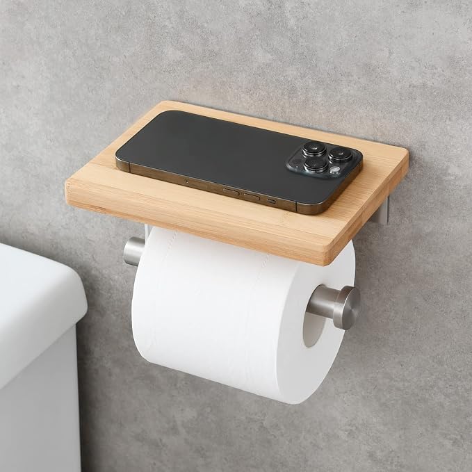 Tecmolog Wall Mount Tissue Paper Holder Self Adhesive Stainless Steel Toilet Paper Roll Holder with Phone Shelf for Bathroom, Brushed Nickel, SBH263NA
