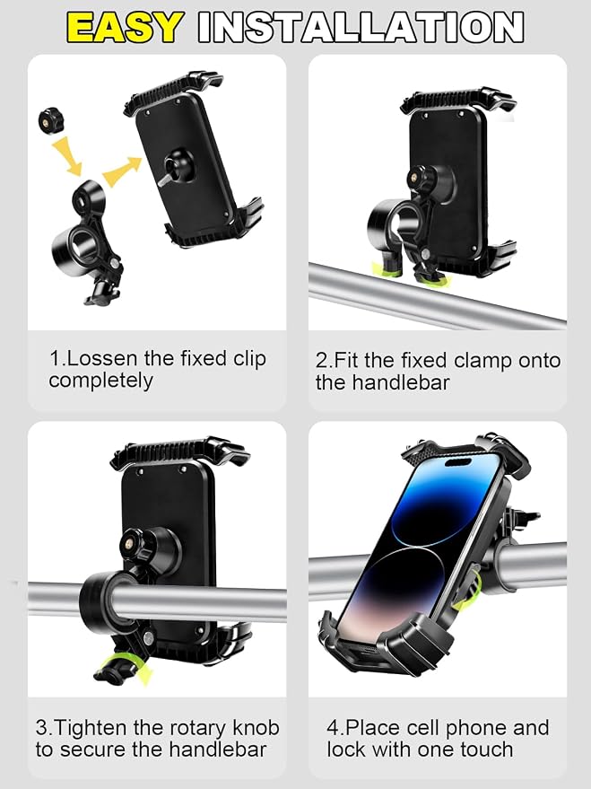 Motorcycle Phone Mount,Handlebar Phone Holder for Bike,360°Rotation,Silicone Wrapped Phone Clamp,One-Touch Quick Lock Scooter Stroller Bicycle Phone Holder,4.7- 6.8"Phones,Thick Cases Friendly