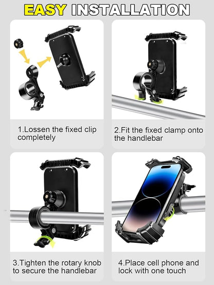 Motorcycle Phone Mount,Handlebar Phone Holder for Bike,360°Rotation,Silicone Wrapped Phone Clamp,One-Touch Quick Lock Scooter Stroller Bicycle Phone Holder,4.7- 6.8"Phones,Thick Cases Friendly